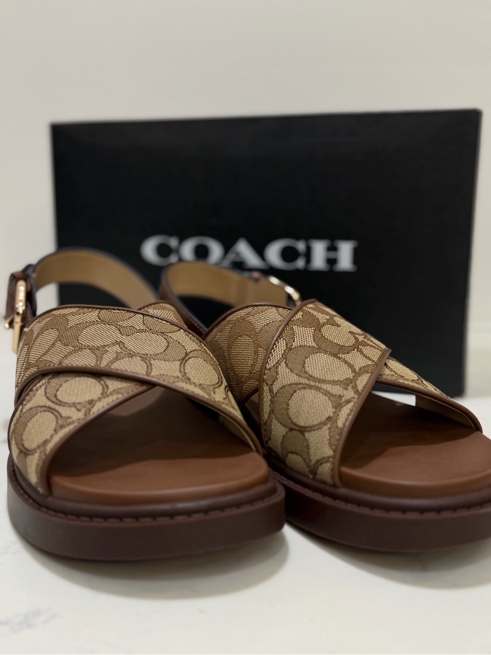 Coach Khaki Signature Canvas & Brown Leather Cross-Strap Sandals - Picture 6 of 14